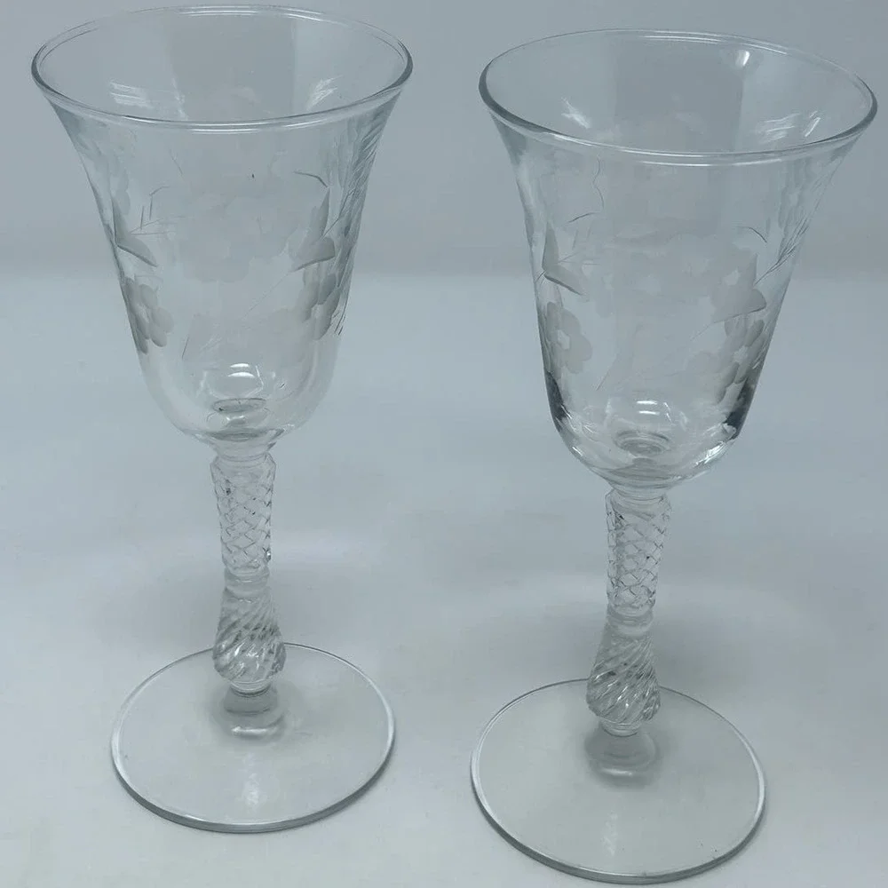 Etched Floral Set‎ of 2 Goblet Stemmed Glasses Cut Stem 8
